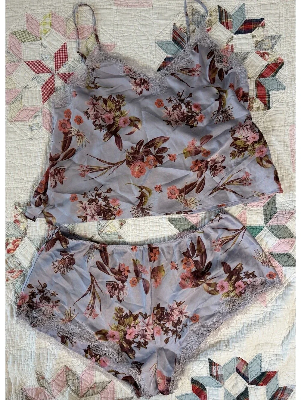 Victoria Secret Lavender Floral Coquette Satin Pajama Set Lace Trim XL Boudoir